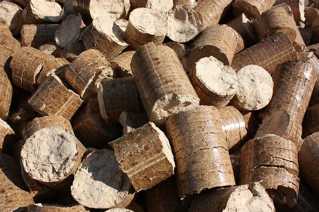 Stacked 70mm cylindrical biomass fuel briquettes
